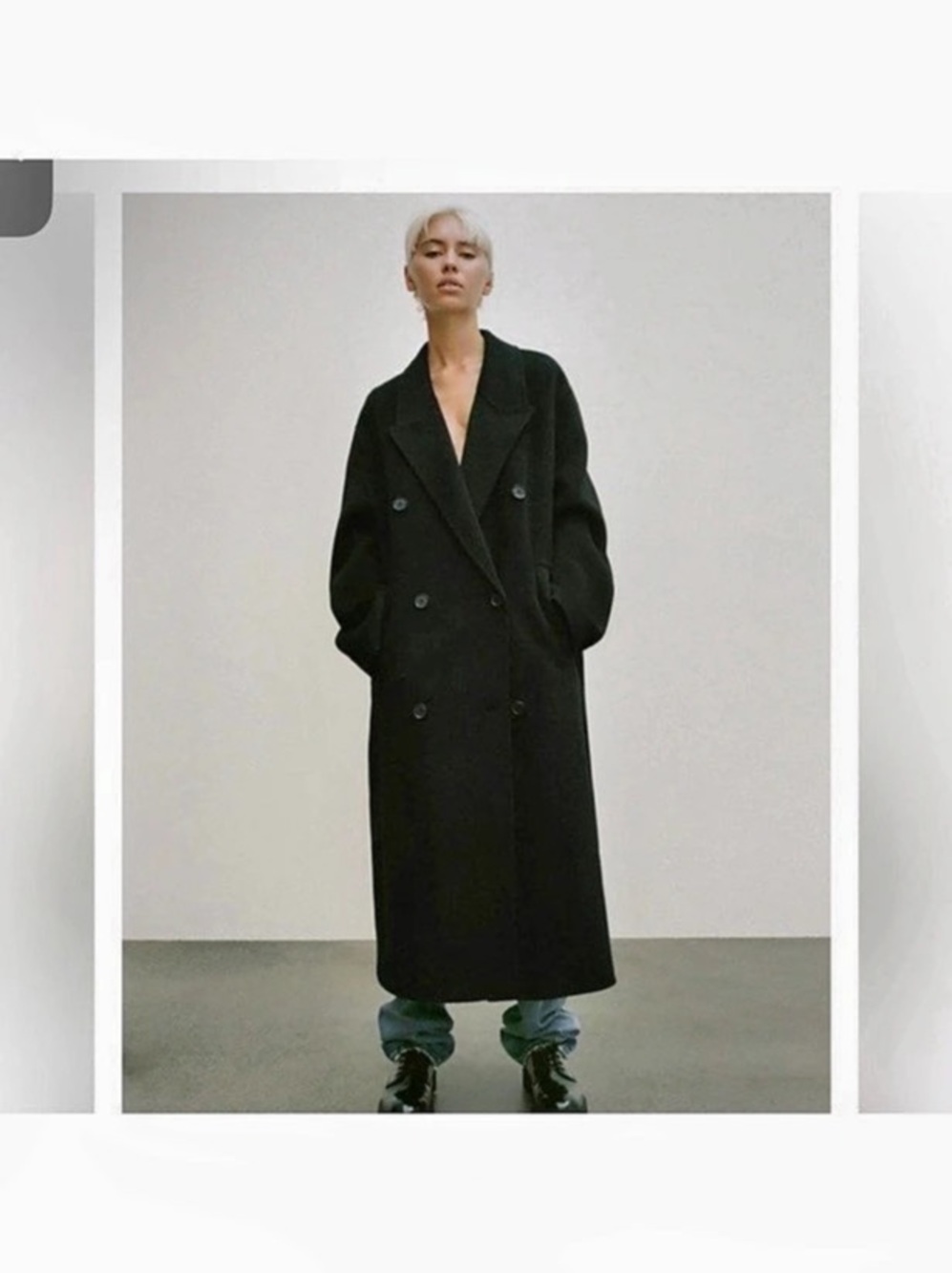 Zara Double Faced Black Wool Blend Double Breasted Long Oversized Coat